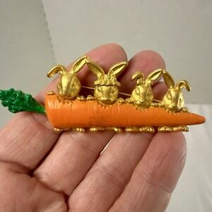 AJC 4 Bunny Rabbit Orange Carrot Pin Brooch 3" Spring Easter Vintage Gold Tone